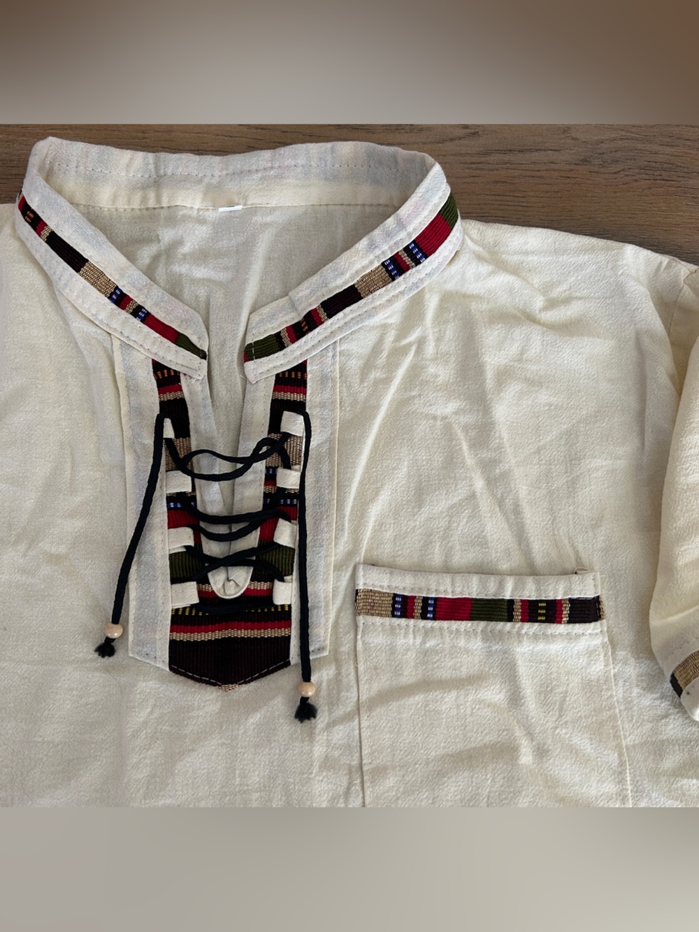 Guatemalan Camisa Típica Boho Lace Up Shirt Large - Picture 2 of 5